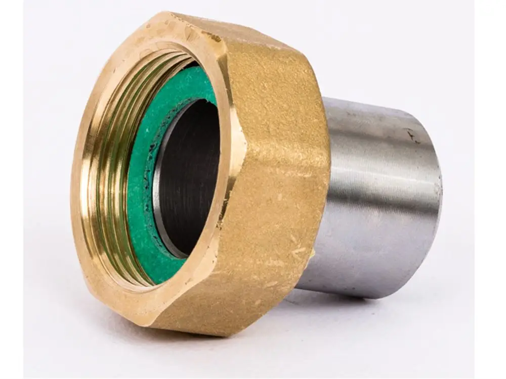 Danfoss Anschlussteil mit Gewinde und Schweißkante, gefertigt aus Metall, mit grünem Dichtungsring im Inneren.